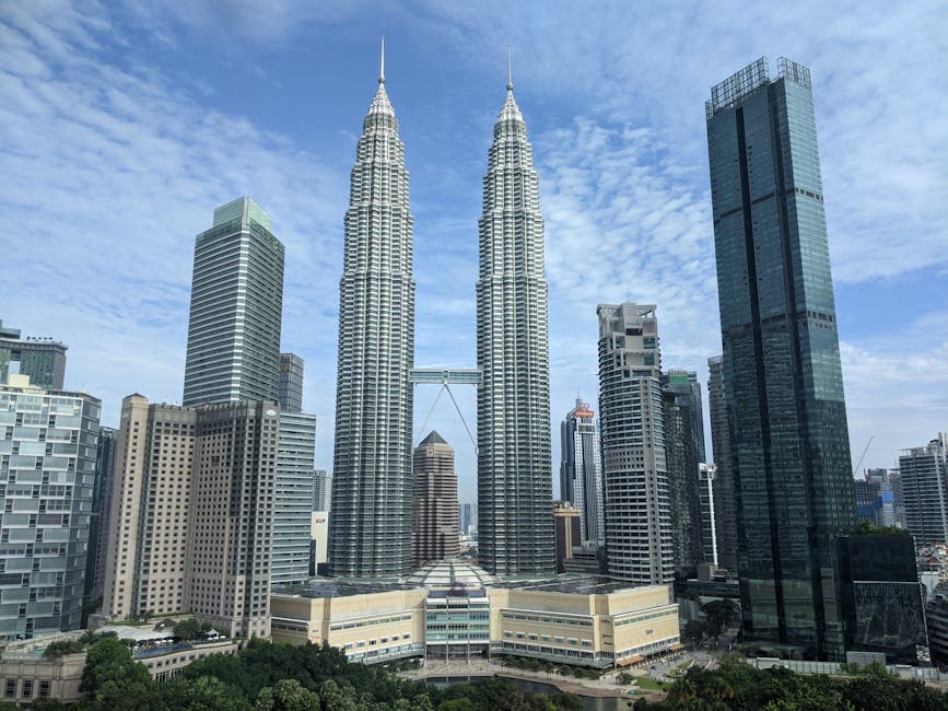 Panoramic view of the iconic Petronas Towers in Kuala Lumpur against a blue sky.